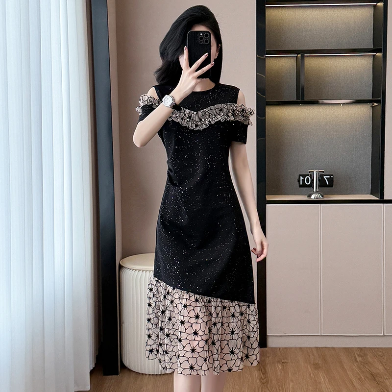 设计感高级连衣裙女夏拼接露肩气质收腰显瘦拼接鱼尾裙