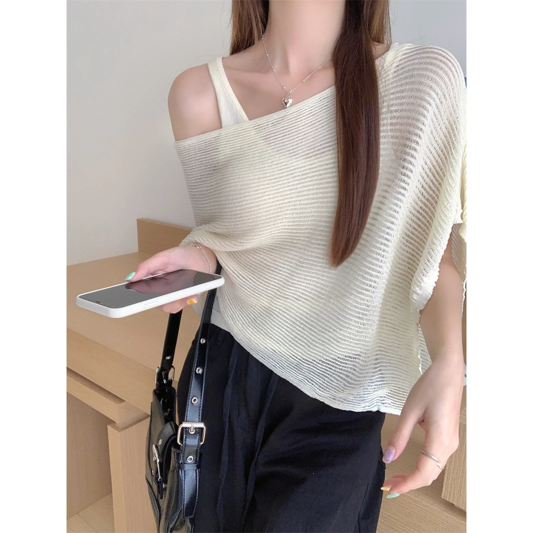 辣妹性感纯色针织衫镂空上衣女2025年夏季新款修身显瘦背心两件套