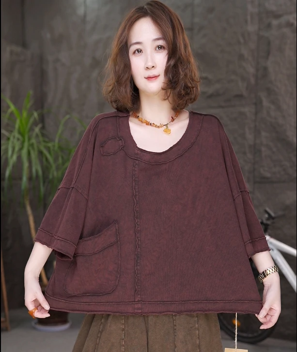 QQ纯棉短袖T恤夏季显瘦宽松t恤百搭复古短款上衣(竖条/单口袋）