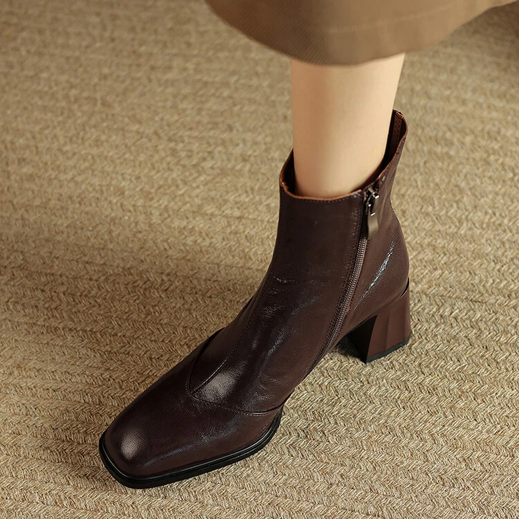 6cm~美拉德复古小羊皮切尔西瘦瘦短靴女2025秋冬方头粗跟高跟短靴