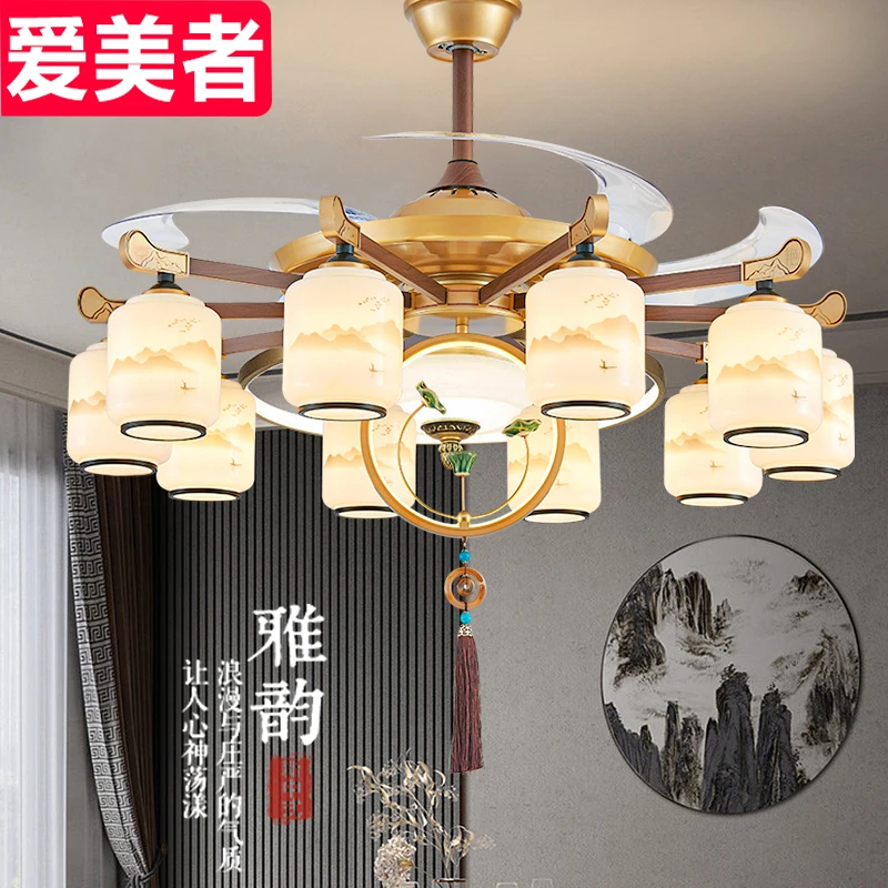 新中式玉石吊灯大气客厅餐厅卧室多头设计大风力风力变频吊扇灯