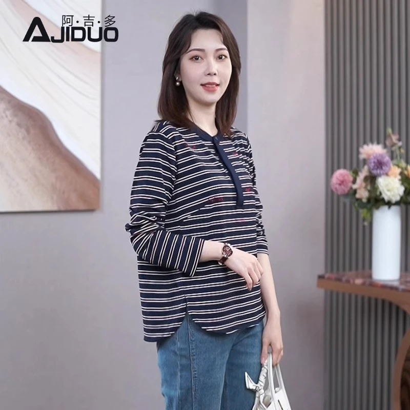 A21338阿吉多条纹长袖t恤女2025新款春季休闲时尚大码巨显瘦上衣