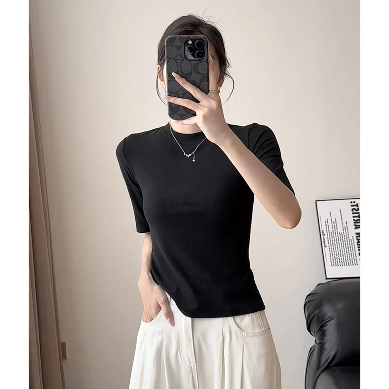 螺纹小立领五分袖t恤2025初秋新款粗女修身短袖t恤女时尚优雅上衣