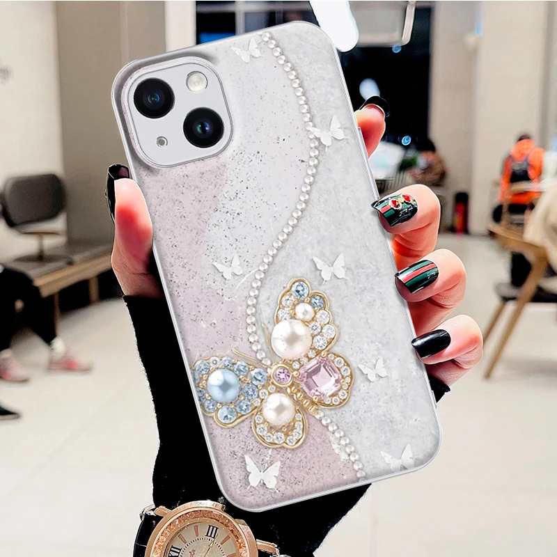 适用苹果14水凝壳14plus硅胶14pro手机壳14promax钻石蝴蝶防摔潮