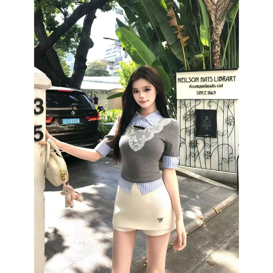 青青-画解WAHJU【miu系小蛋糕】时尚设计感百搭灰蓝色上衣半裙9097W