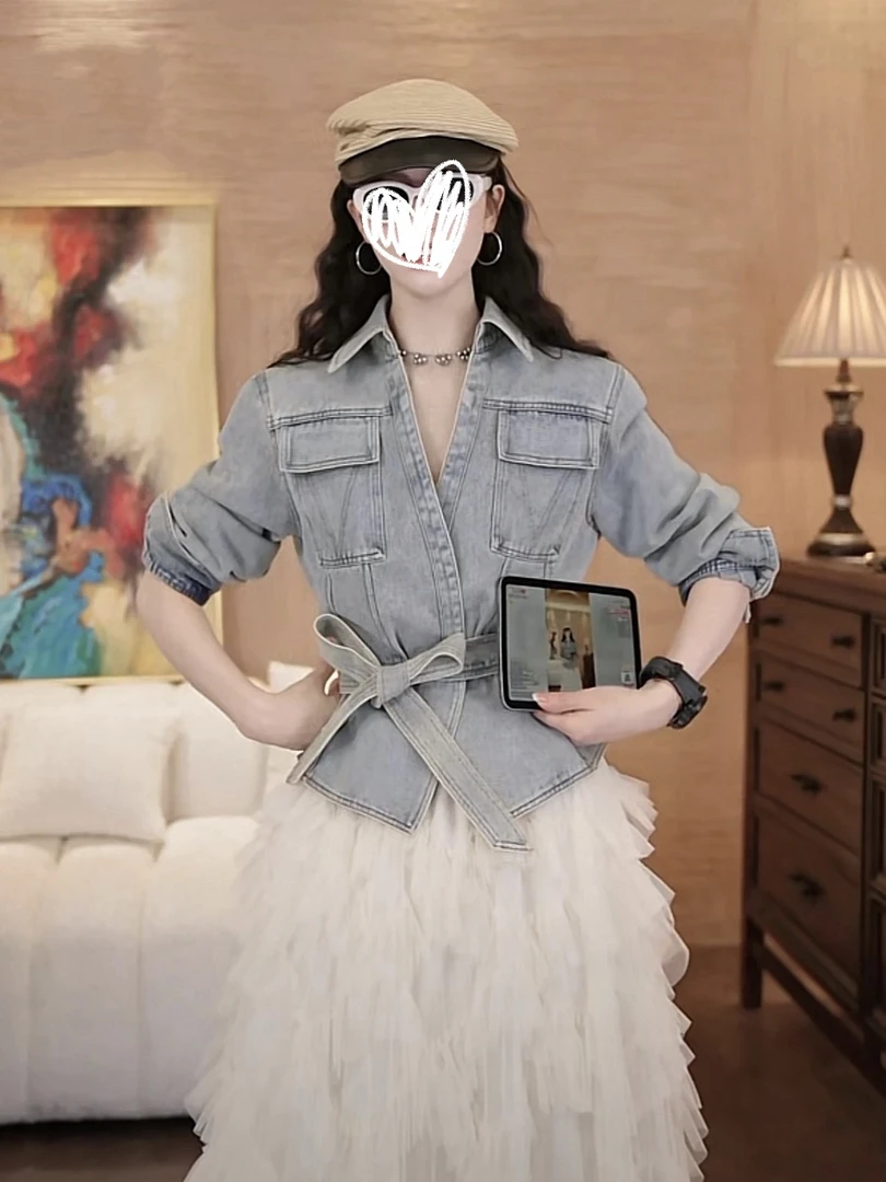 #8186做旧水洗斜纹牛仔纯棉可拆卸本料腰带高腰显瘦系带牛仔外套