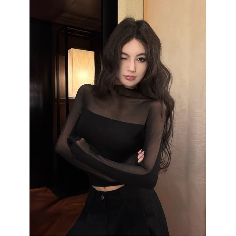 纯欲辣妹半高领透视网纱上衣长袖T恤女春秋冬黑色修身内搭打底衫