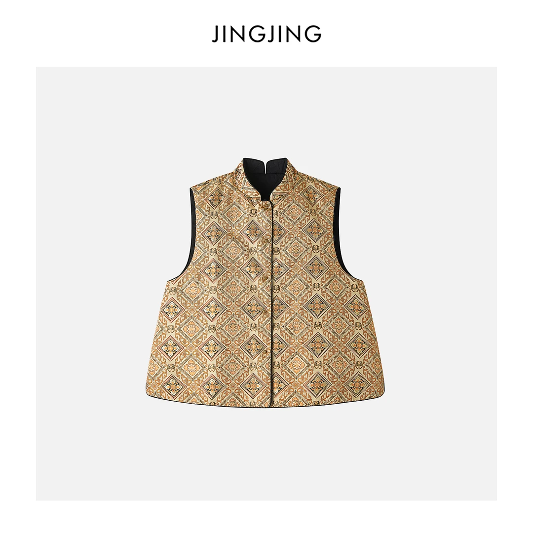 JINGJING2025新款“如意花”桑蚕丝宋锦30姆米小立领织金棉马甲