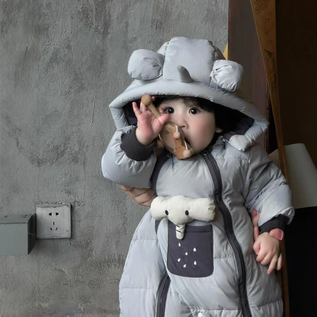 婴儿冬季羽绒服包脚连体衣超萌宝宝可爱大象款双拉链羽绒服9519