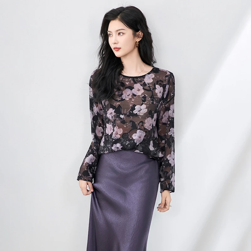 2506708-时尚剪花乔其纱圆领精致长袖上衣高级感宽松女夏南油新款