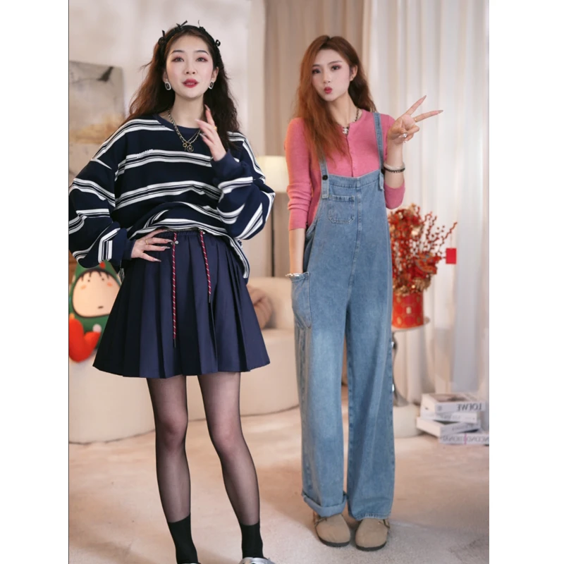 孕妇装新款背带裤气质抽绳孕妇牛仔背带裤领针织纯色打底衫套装潮