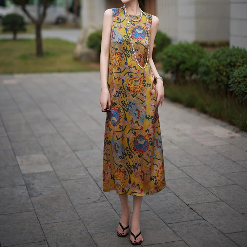 欧洲站国风夏季优雅名媛连衣裙富贵花老钱风长裙中长款气质连身裙