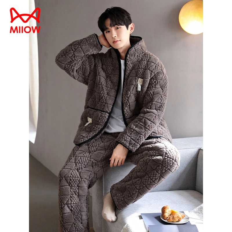 猫人睡衣男冬季珊瑚绒三层夹棉加厚加绒家居服保暖棉袄法兰绒套装
