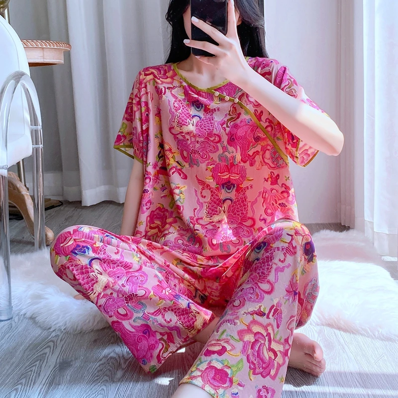 【甄选】棉绸睡衣女短袖新中式【高品质】人造棉薄款宽松家居服套装