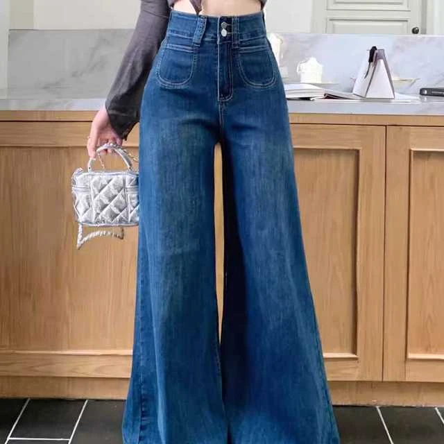 美式复古蓝色微喇牛仔裤女春秋新款小个子高腰宽松垂感阔腿拖地裤