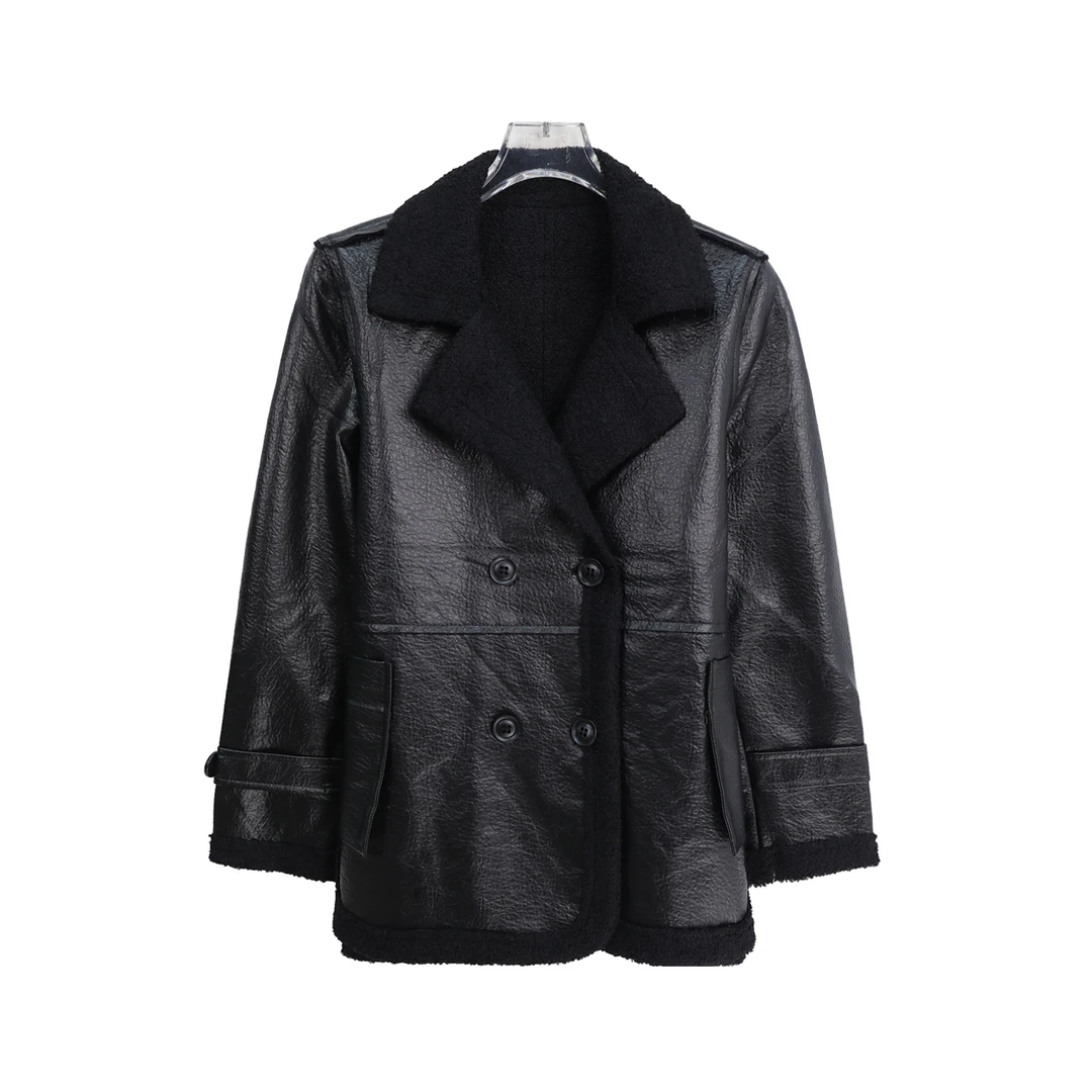 翻领拼接复古机车风潮流双排扣外套X27382