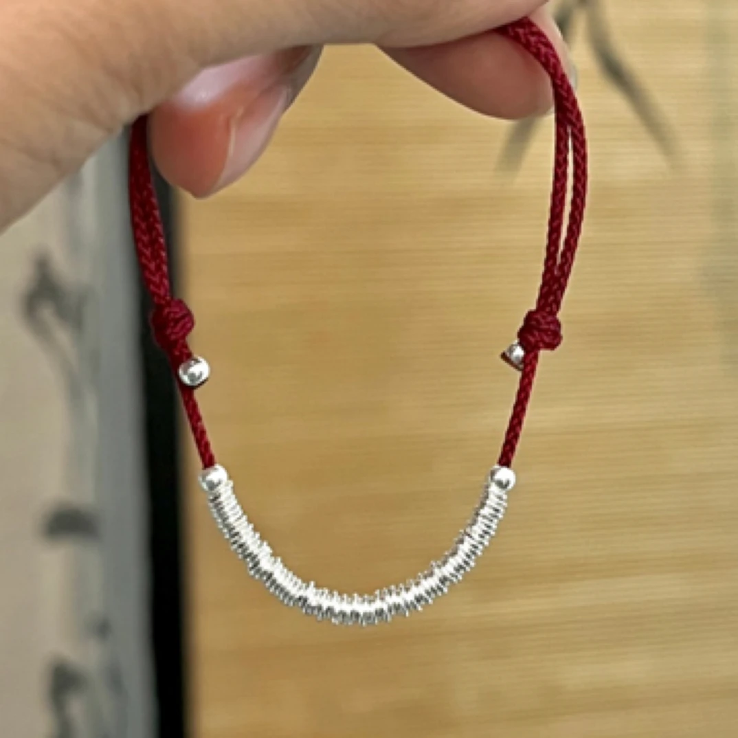 足银手链 手工原创-简简单单福气满满小银圈红绳手链抽拉可调节