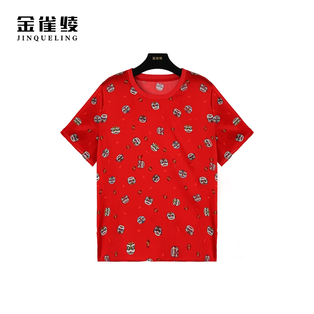 金雀绫【狮狮如意】桑蚕丝时尚休闲红色国风印花小衫SZ4S43