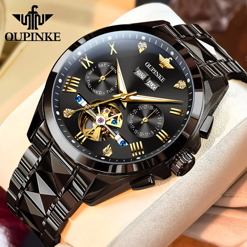 新款黑武士瑞士认证牌镂空手表男款机械表全自动陀飞轮多功能十大