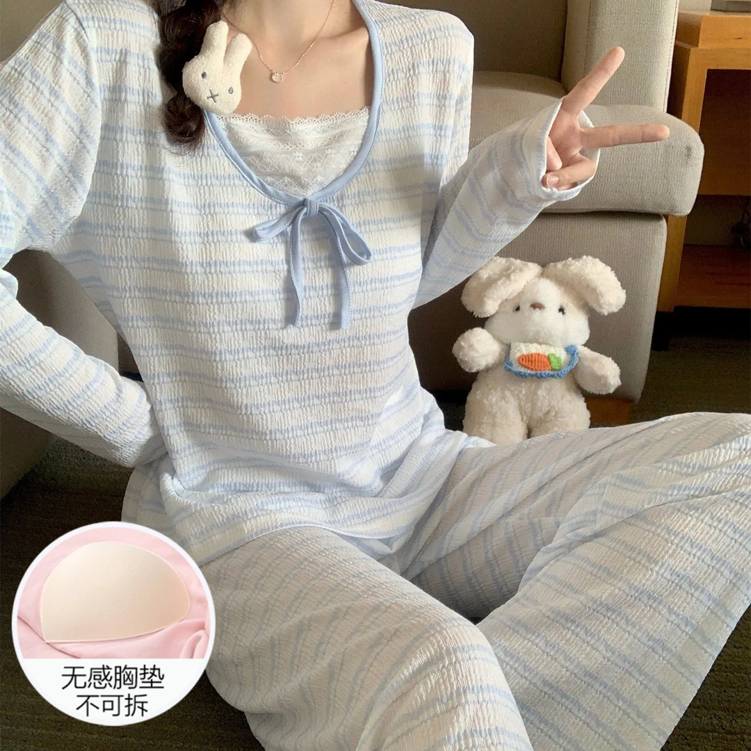 睡衣女春秋季长袖大码带胸垫2025新款浅蓝色织条纹家居服冬天套装