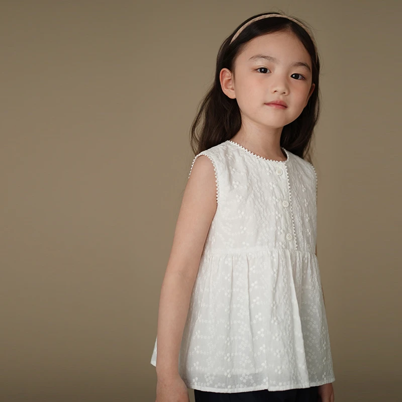 哈齿童装儿童背心白色全棉无袖衬衫女童娃娃衫可爱清新夏装中大童