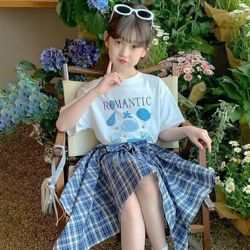 女童夏装圆领T恤格子裙两件套2025新款中大童女孩卡通休闲套装潮