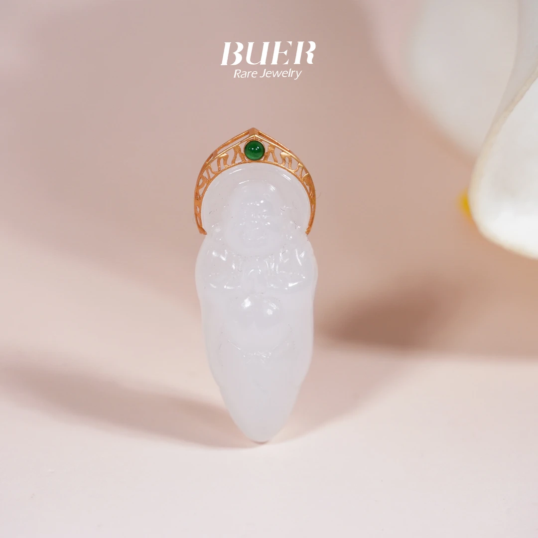 【不二】和田玉18k金白玉吊坠（多样性发）