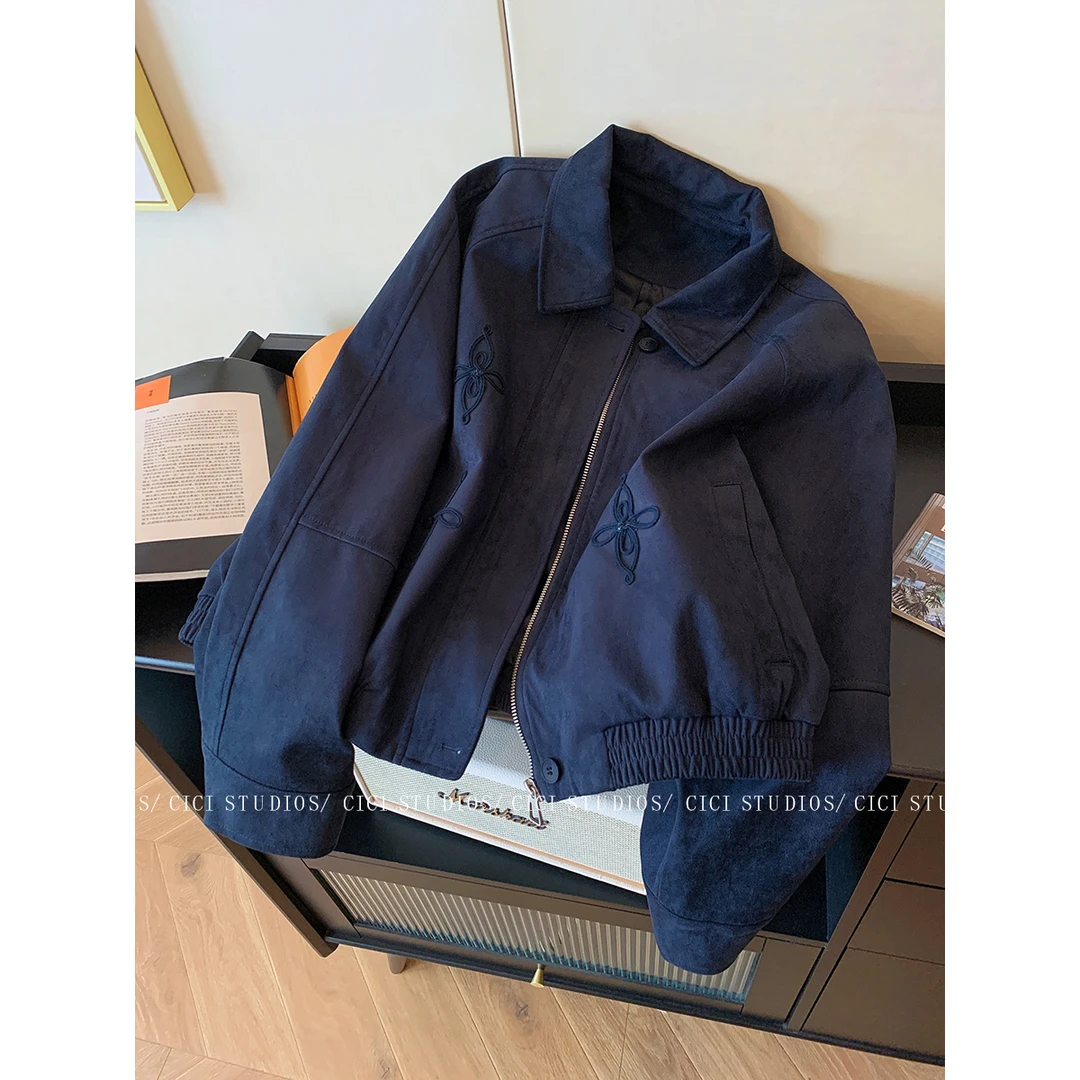 藏青色立体绣花麂皮绒外套女2025秋季新款复古气质宽松夹克短上衣