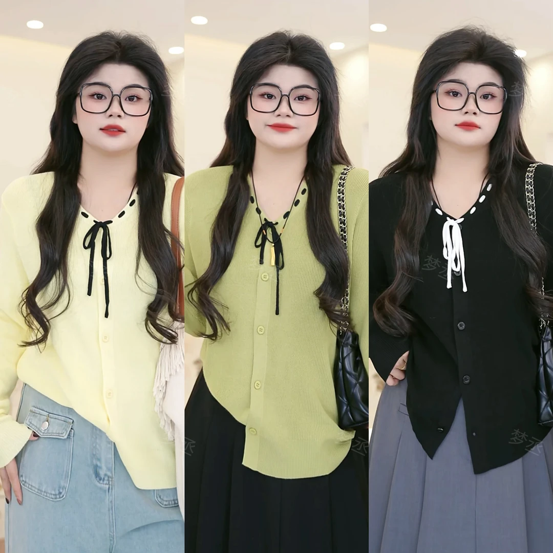 梦丞【心动体验】大码女装V领系带设计感洋气显瘦减龄长袖针织衫