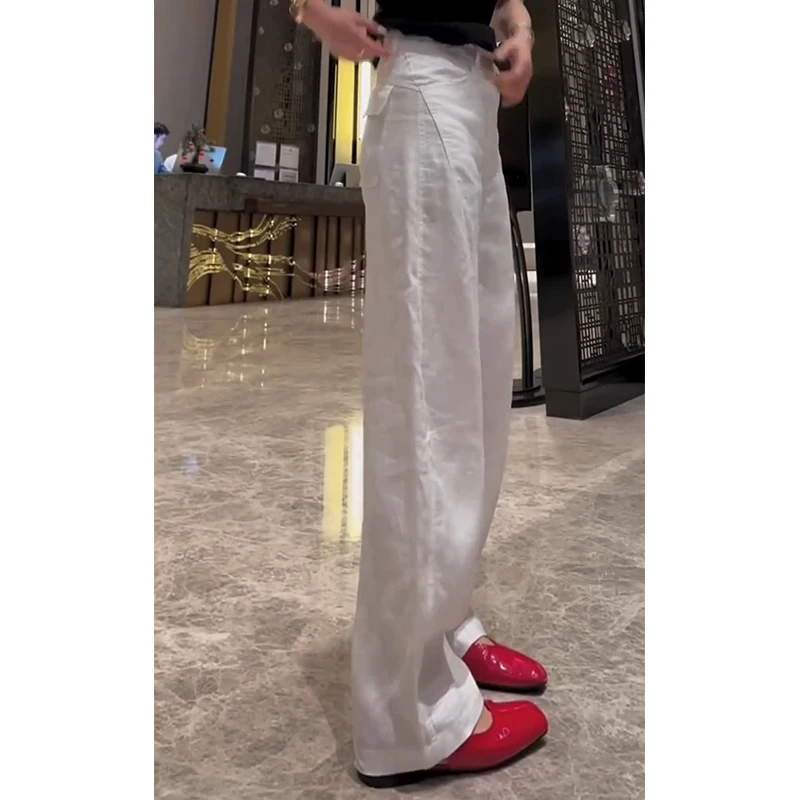 白色亚麻简约时尚阔腿裤女2025夏季显瘦薄款直筒裤高腰宽松阔腿裤