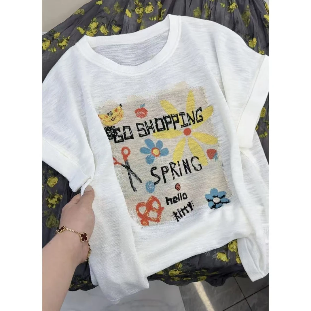 走廊花园」薄款凉感醋酸亚麻圆领欧若风短袖针织衫女 25夏季新款