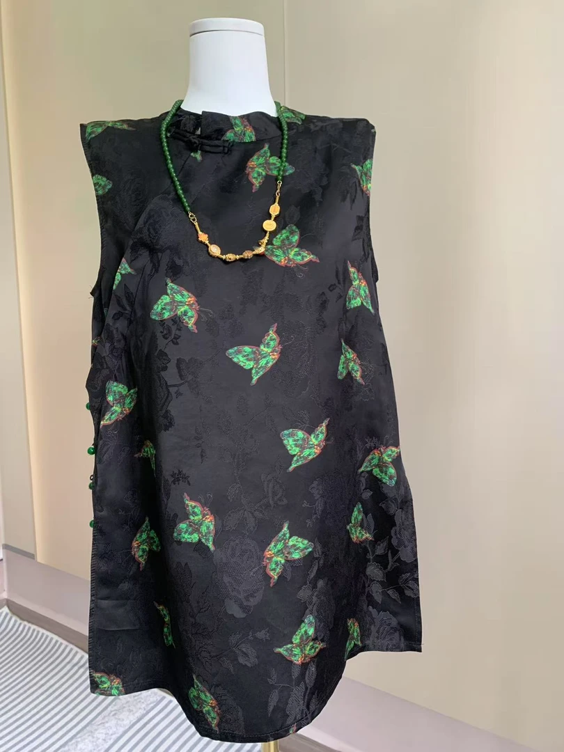 九月  黑底绿蝴蝶-奥黛   新款气质提花国风人丝香云纱连衣裙复古