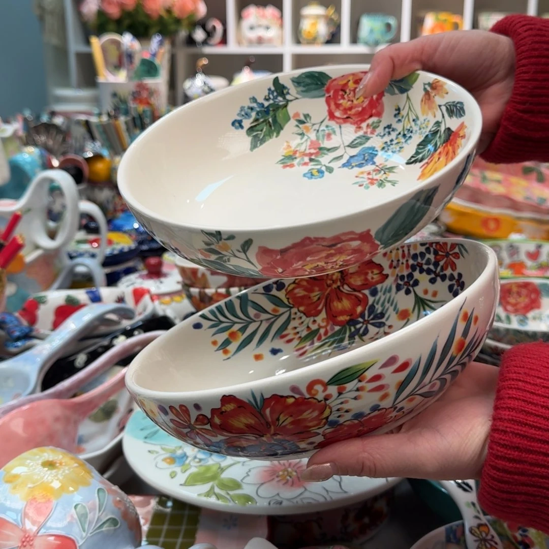 瓷片外贸8英寸深盘2只，繁花➕早秋