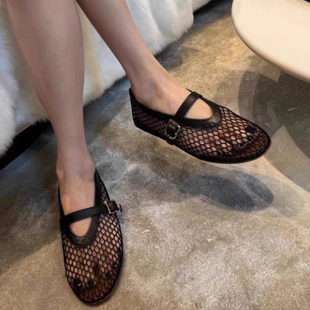 [珍姐专属] 羊皮真皮镂空网面凉鞋 一字扣圆头女平底鞋 F186-3302