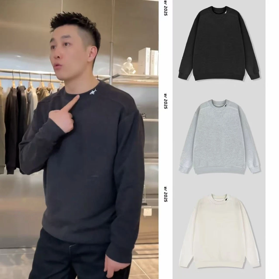 秋冬新款时尚纯色刺绣厚款圆领卫衣男士时尚宽松舒适加厚休闲上衣