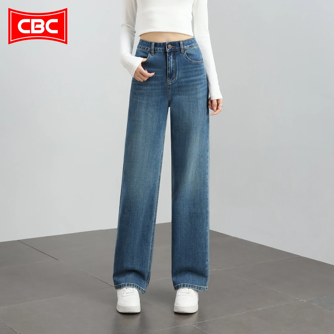 CBC复古蓝窄版阔腿牛仔裤女2025新款秋款长裤高腰小个子直筒裤子