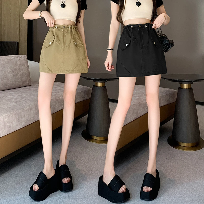 2024韩版抽绳收腰显瘦半身裙女休闲减龄百搭防走光工装短裙