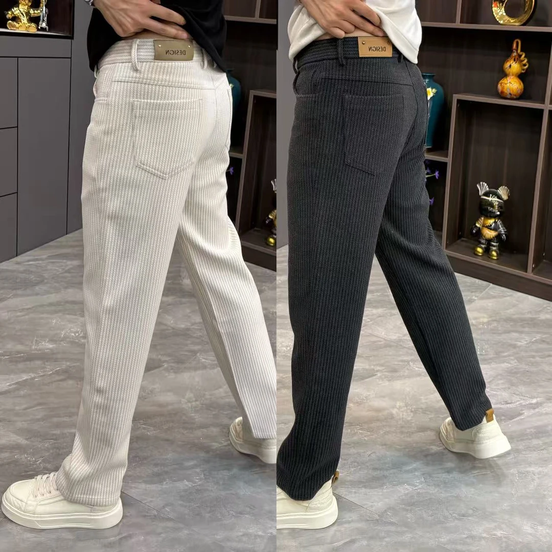 休闲裤男款2025秋季新款男裤高端条纹直筒裤修身裤子男款秋冬款