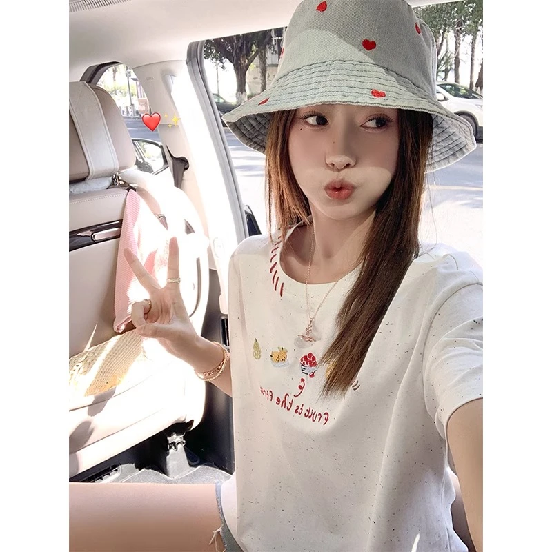 纯棉彩点双纱短袖t恤女夏2025新款潮刺绣花宽松圆领上衣女装小众