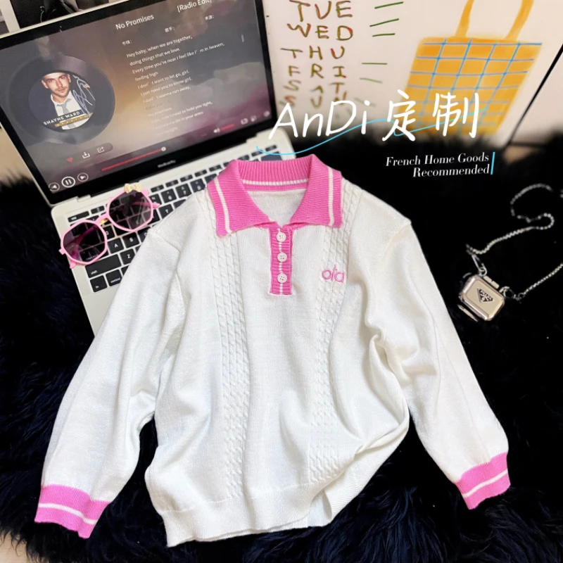 〖ANDI〗安迪订制秋季新款中大童女童时尚条纹翻领毛衣5178