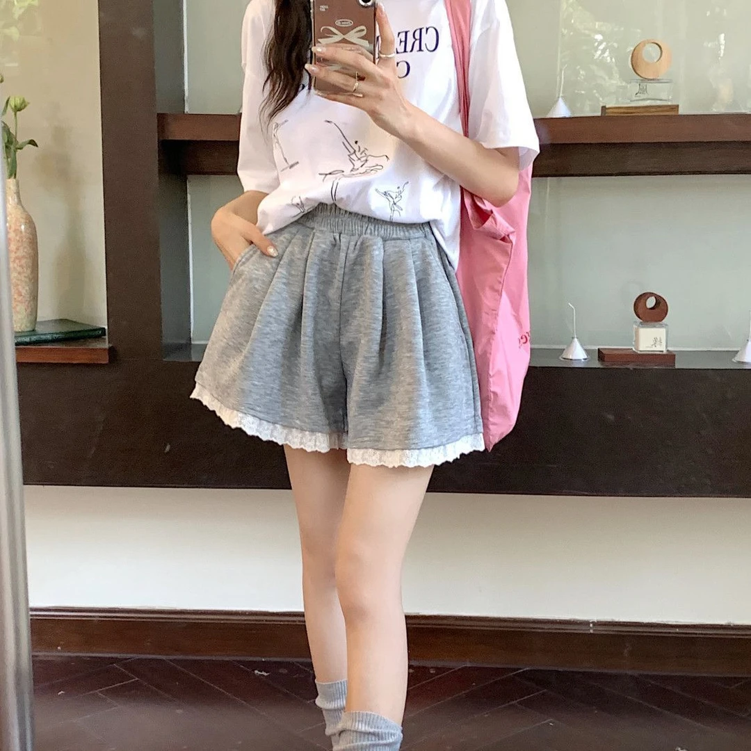 蕾丝花边短裤女高腰休闲百搭夏季松紧腰宽松显瘦a字阔腿裤韩版