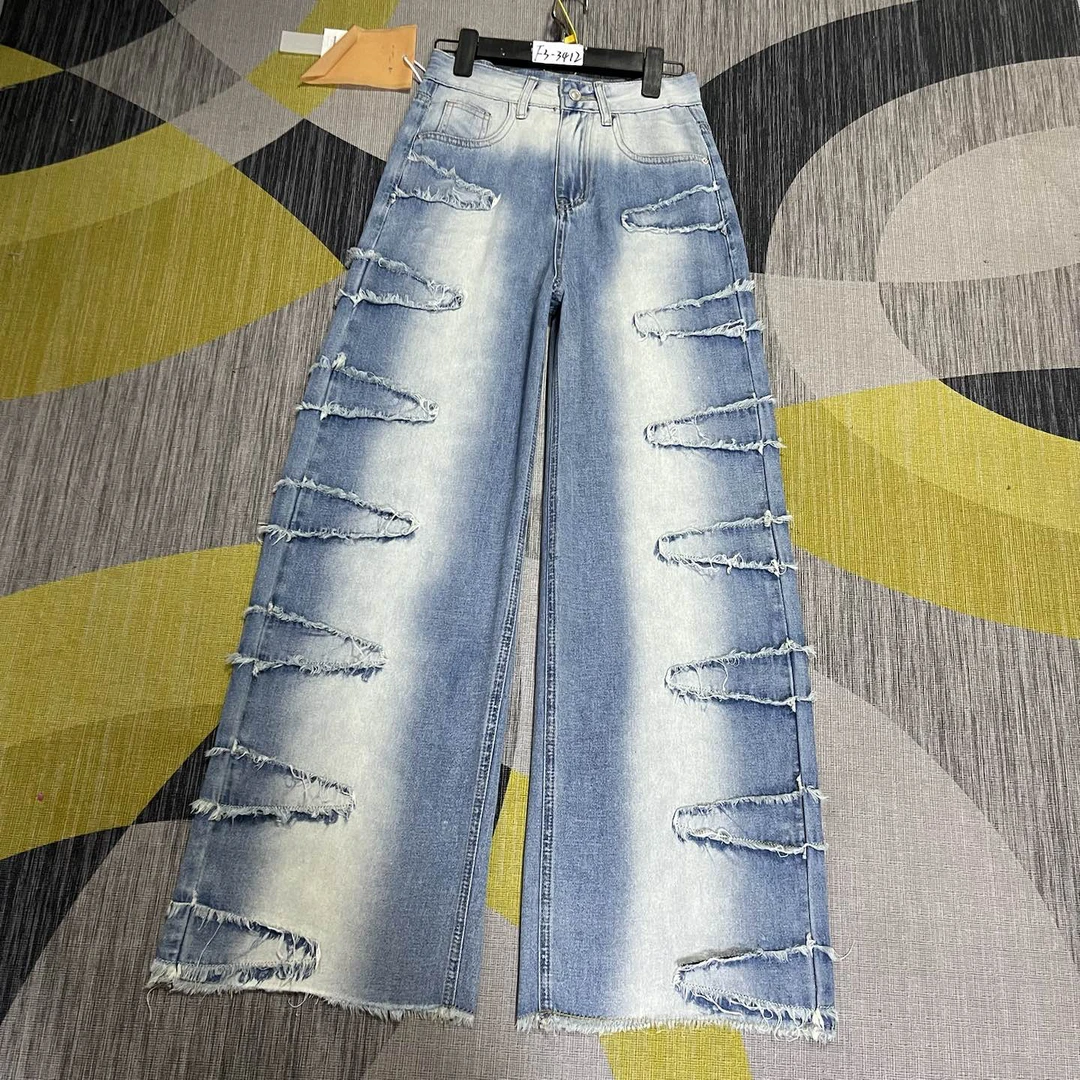 F3-3412 薄款 浅蓝破洞辣妹毛边扎染个性阔腿裤无弹（不退换）