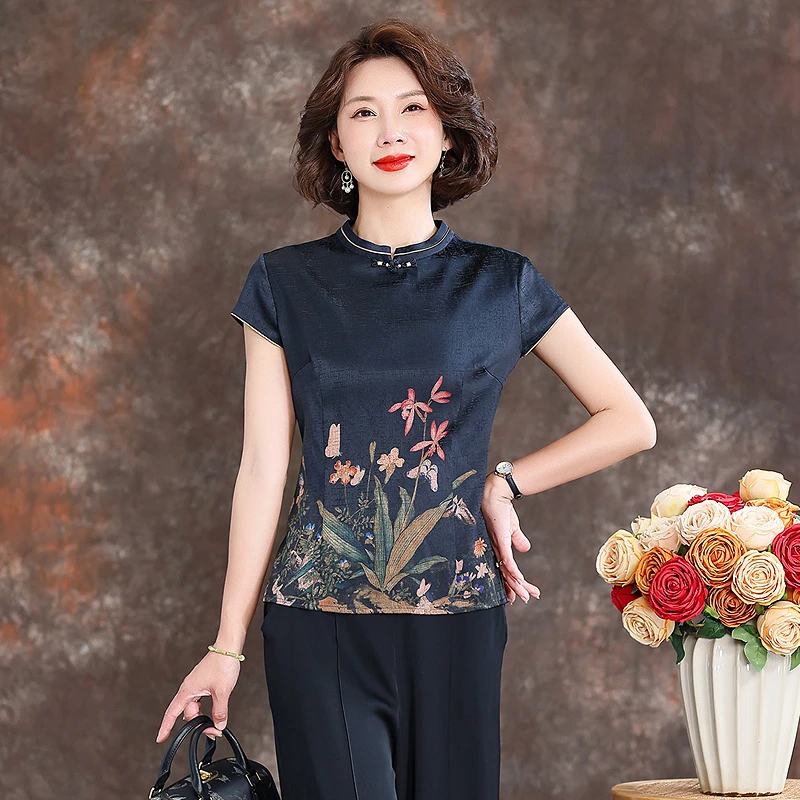 齐黛品牌杭州蚕桑丝上衣女2025春夏新款短袖印花气质妈妈衬衫