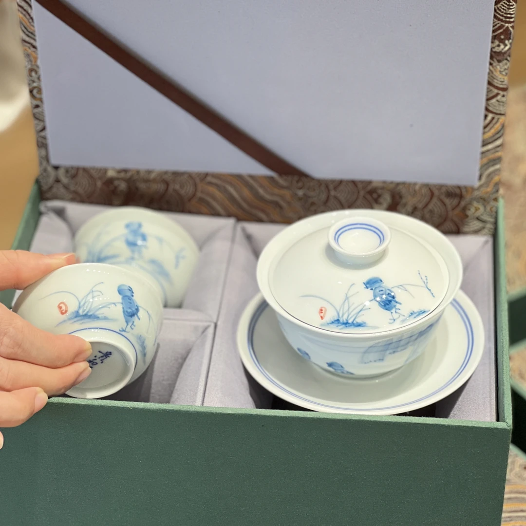 贵和祥手绘釉下青花南国之春三才盖碗白瓷茶杯家用功夫茶具礼盒