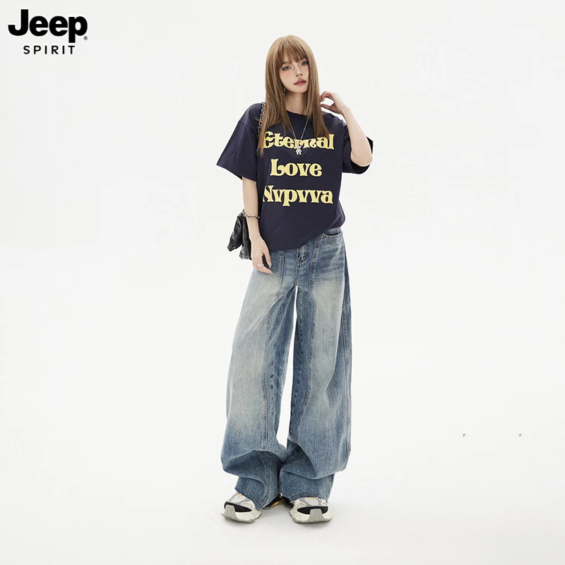 Jeep吉普浅色高腰阔腿牛仔裤女美式慵懒松弛感宽松显瘦直筒镰刀裤
