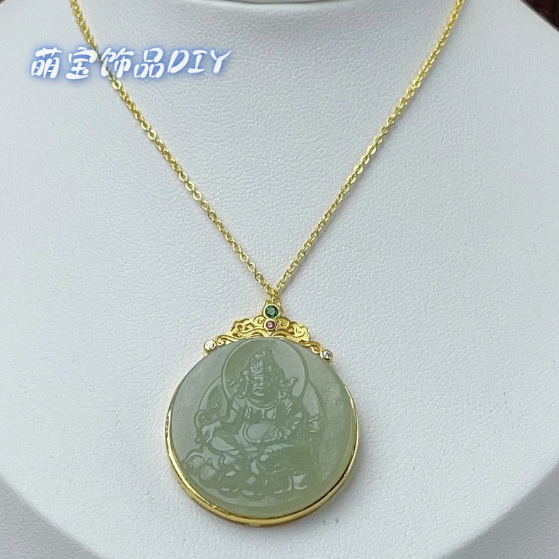 【千奇饰品】B502-2和田玉黄财神圆牌吊坠款6*26mm精雕DIY项链坠。