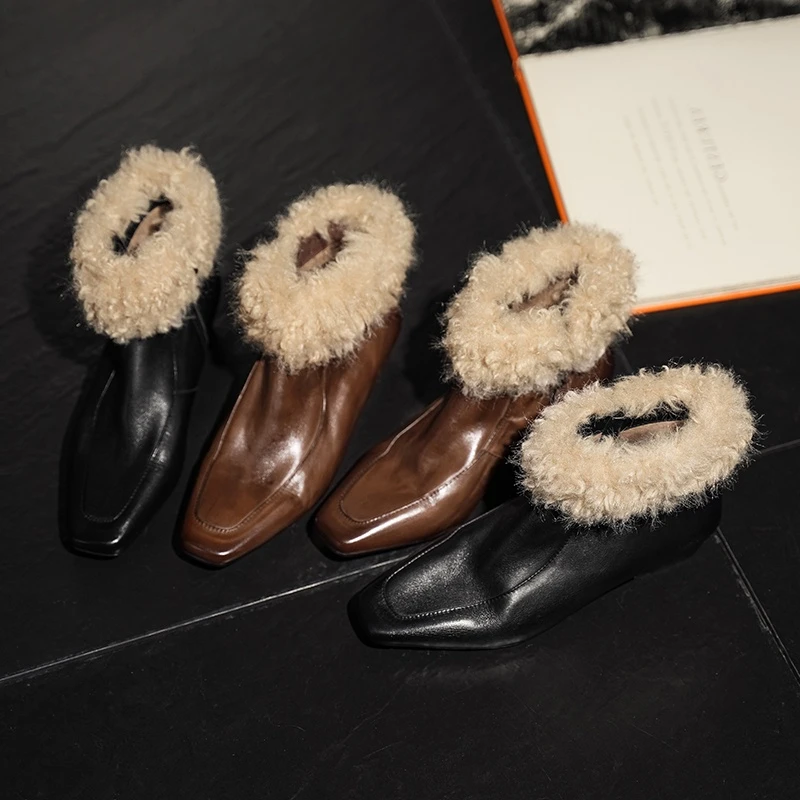 头层牛皮~高端复古方头韩系踝靴保暖棉鞋女冬季加绒洋气毛毛短靴