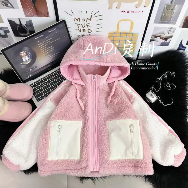 〖ANDI〗安迪订制秋冬季新款女童中大童毛毛衣连帽外套5177
