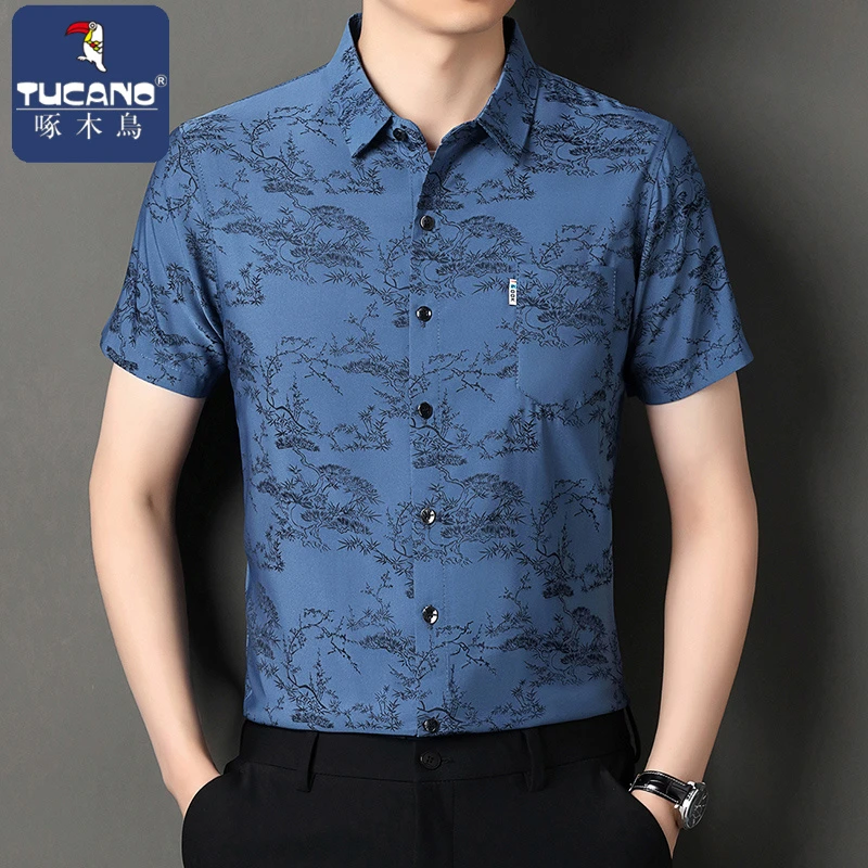 啄木鸟夏季中年男士冰丝短袖衬衫爸爸装宽松潮流印花半袖休闲衬衣