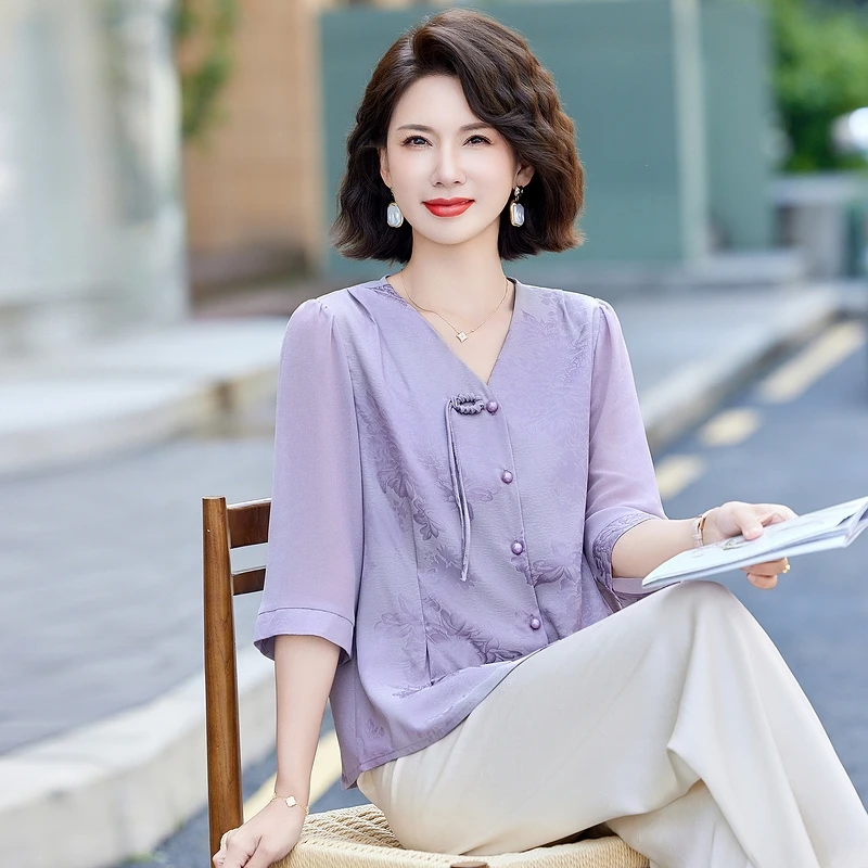 中式国风妈妈装夏季雪纺衫薄款小衫上衣新款中老年女装t恤打底衫